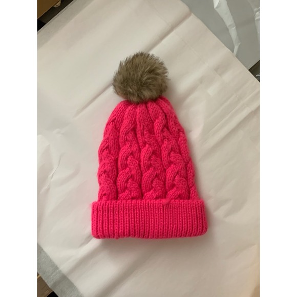 Cable Knit Beanie Hat with Pom Pom Toby NY Hot Pink Winter Warm Girls - Picture 1 of 2